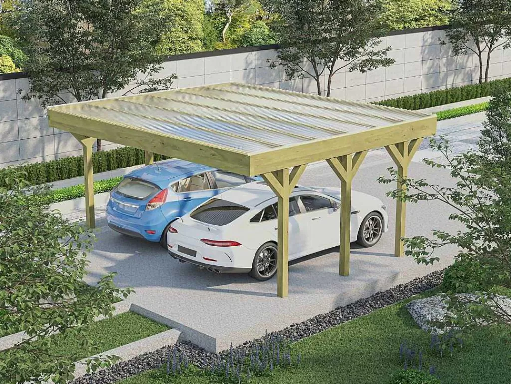 Pérgola, Coreto, Quiosque*EXPERTLAND Abrigo Para Carro Duplo Autoportante Em Madeira Tratada, Com Teto Em Pvc, Para 2 Viaturas, 30 M - Ariane