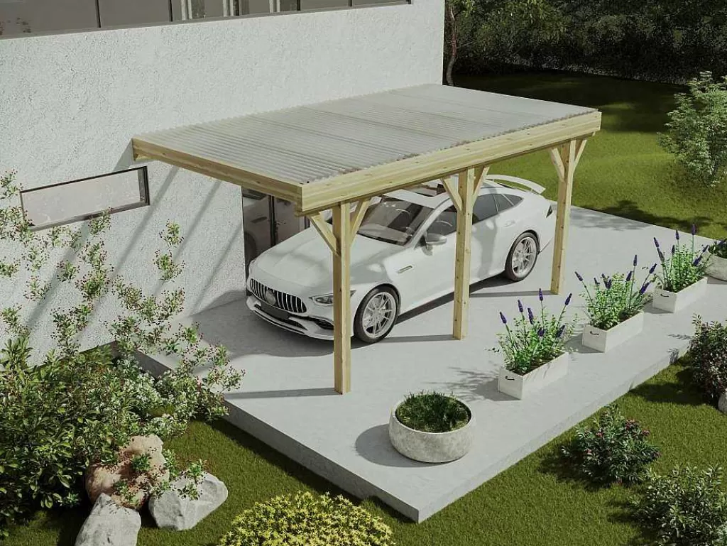 Pérgola, Coreto, Quiosque*EXPERTLAND Abrigo Para Carro Individual Adossado Em Madeira Tratada Com Teto Em Pvc 1 Viatura 15 M - Helene