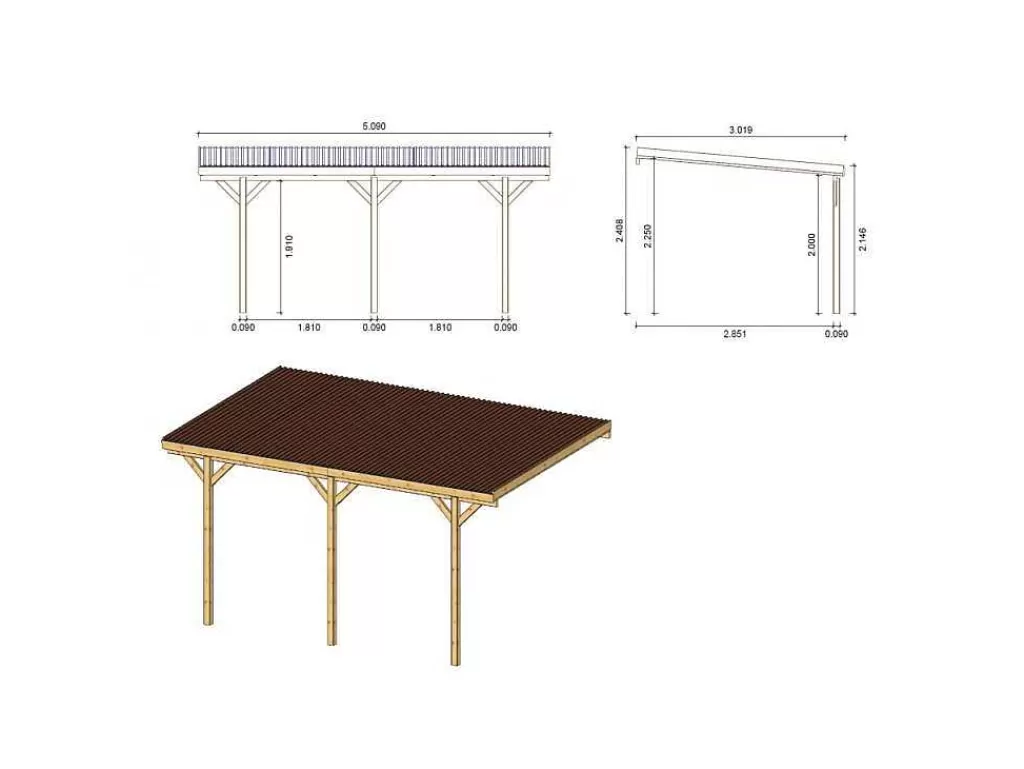 Pérgola, Coreto, Quiosque*EXPERTLAND Abrigo Para Carro Individual Adossado Em Madeira Tratada Com Teto Em Pvc 1 Viatura 15 M - Helene