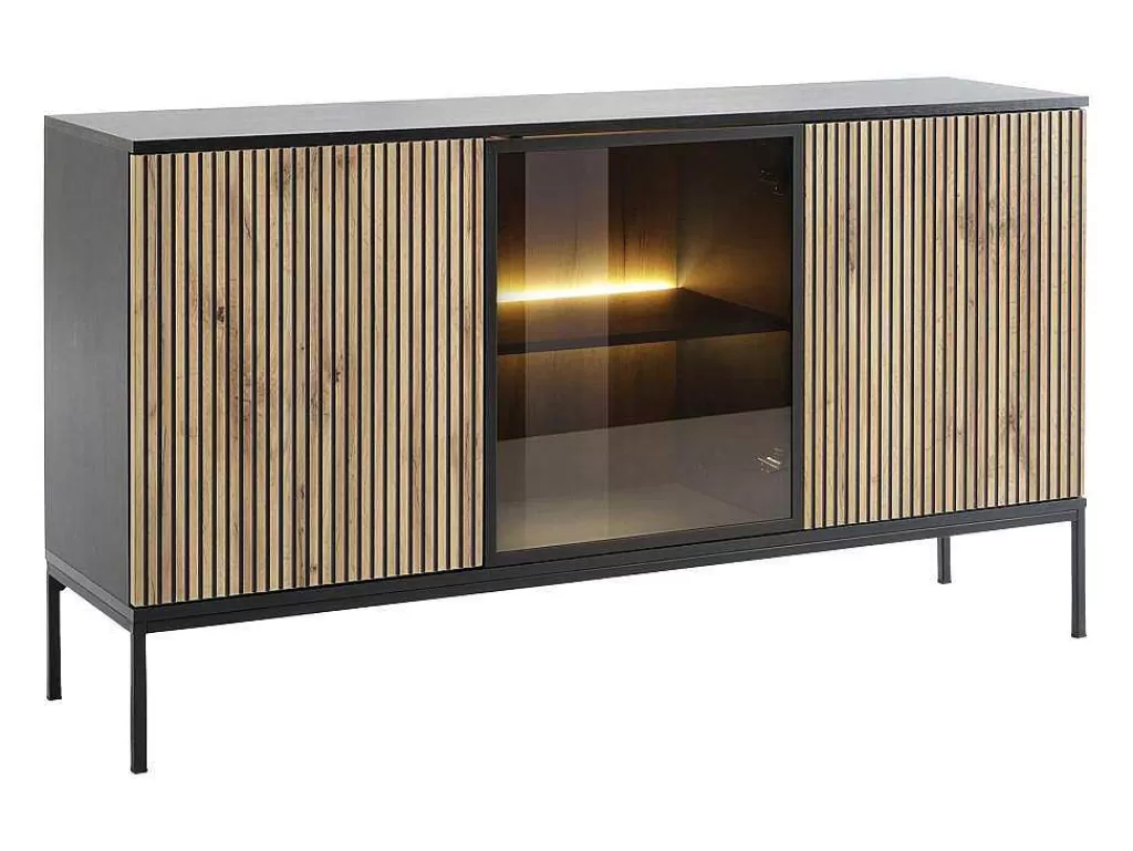Aparador*Vente-unique Aparador 3 Portas Com Leds Em Mdf E Vidro Fumado Preto E Natural - Ovila