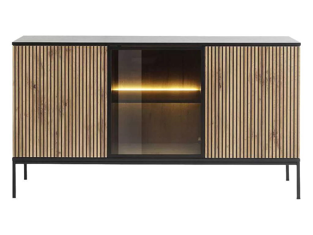 Aparador*Vente-unique Aparador 3 Portas Com Leds Em Mdf E Vidro Fumado Preto E Natural - Ovila