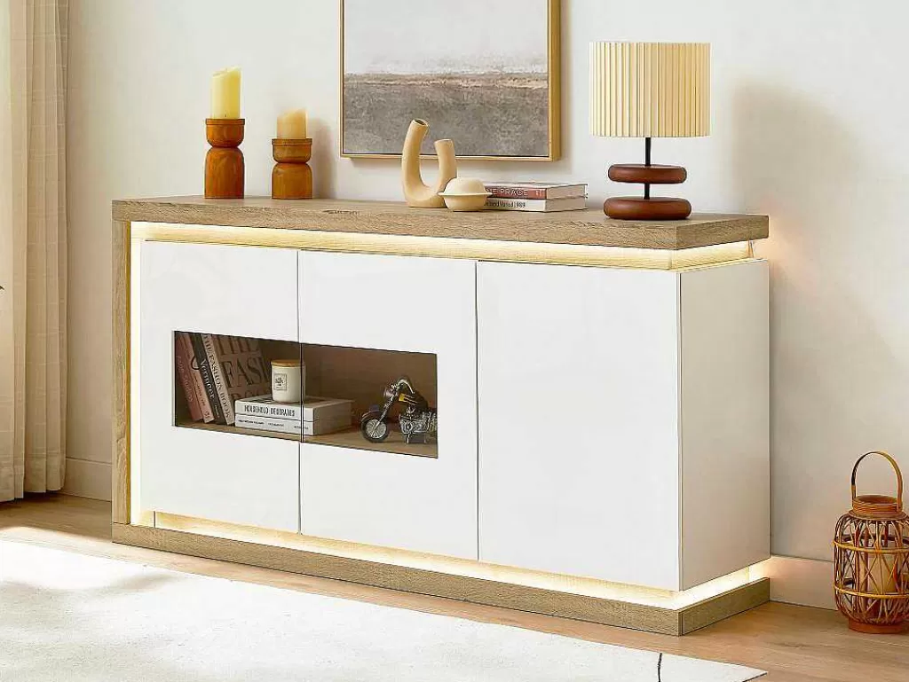 Aparador*Vente-unique Aparador 3 Portas E 1 Nicho Com Leds Em Mdf E Vidro Temperado Natural E Lacado A Branco - Flarancia