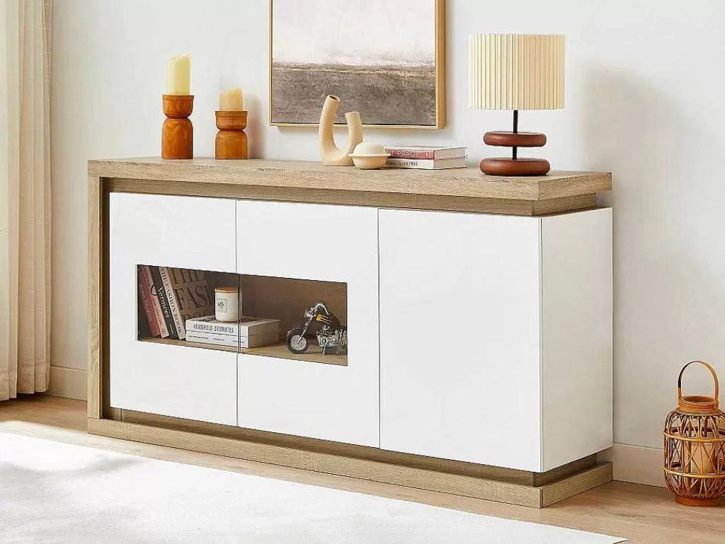 Aparador*Vente-unique Aparador 3 Portas E 1 Nicho Com Leds Em Mdf E Vidro Temperado Natural E Lacado A Branco - Flarancia