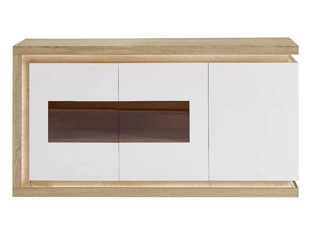 Aparador*Vente-unique Aparador 3 Portas E 1 Nicho Com Leds Em Mdf E Vidro Temperado Natural E Lacado A Branco - Flarancia