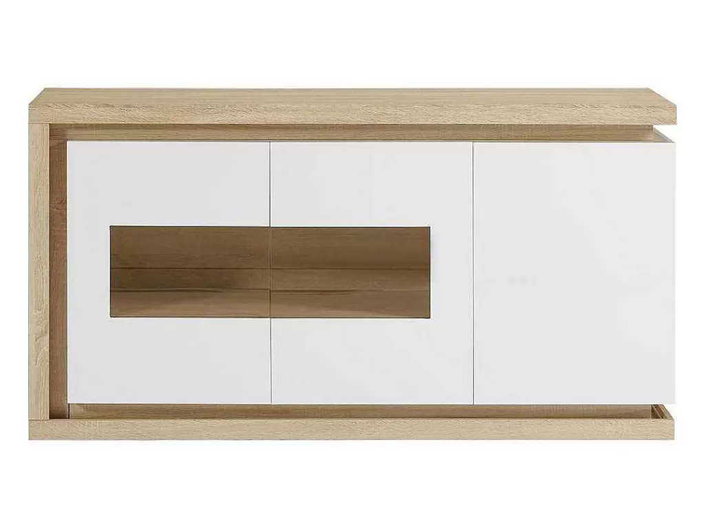 Aparador*Vente-unique Aparador 3 Portas E 1 Nicho Com Leds Em Mdf E Vidro Temperado Natural E Lacado A Branco - Flarancia