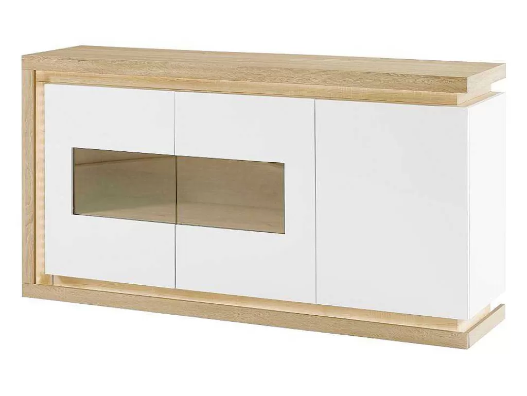 Aparador*Vente-unique Aparador 3 Portas E 1 Nicho Com Leds Em Mdf E Vidro Temperado Natural E Lacado A Branco - Flarancia