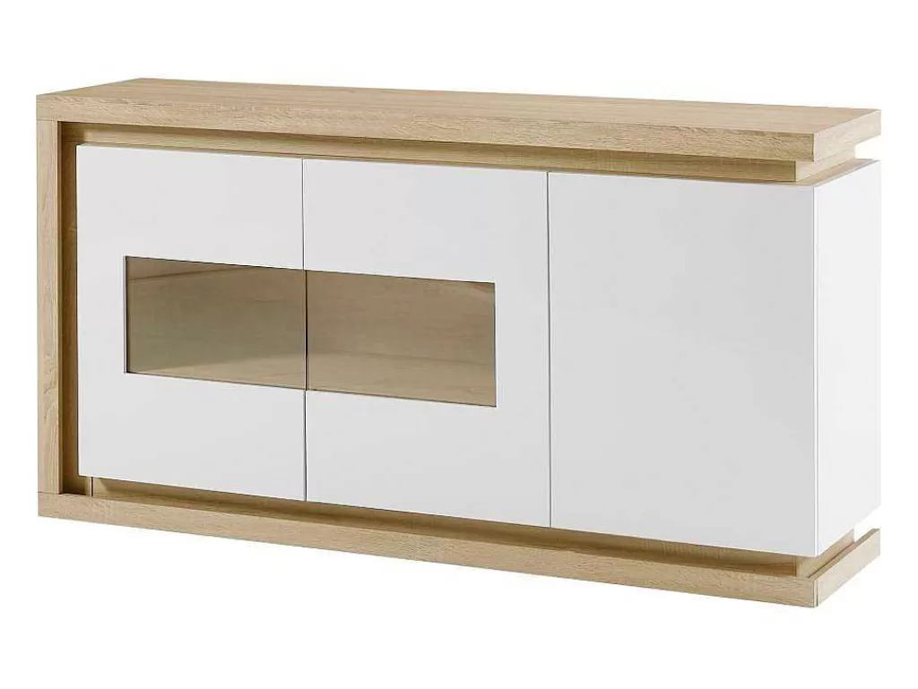 Aparador*Vente-unique Aparador 3 Portas E 1 Nicho Com Leds Em Mdf E Vidro Temperado Natural E Lacado A Branco - Flarancia