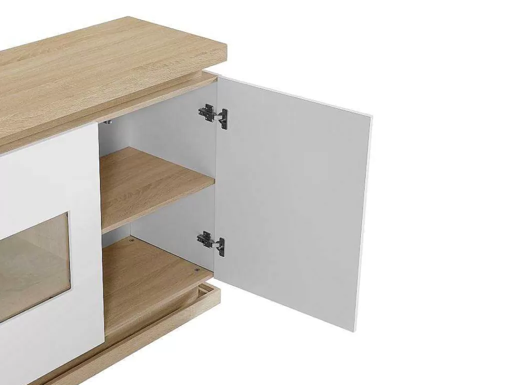 Aparador*Vente-unique Aparador 3 Portas E 1 Nicho Com Leds Em Mdf E Vidro Temperado Natural E Lacado A Branco - Flarancia