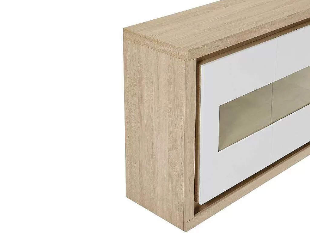Aparador*Vente-unique Aparador 3 Portas E 1 Nicho Com Leds Em Mdf E Vidro Temperado Natural E Lacado A Branco - Flarancia