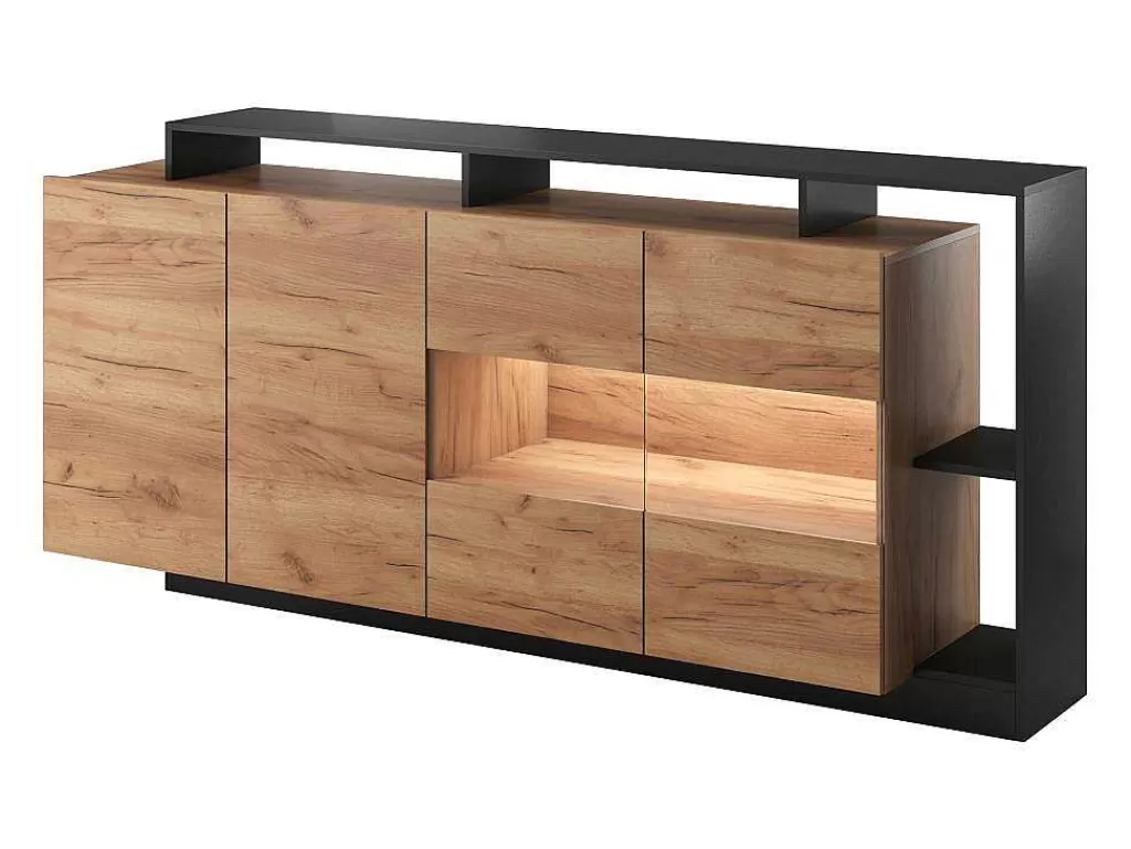 Promoções Sala*Vente-unique Aparador 4 Portas E 4 Nichos Com Leds, Natural Claro E Antracite - Idesia