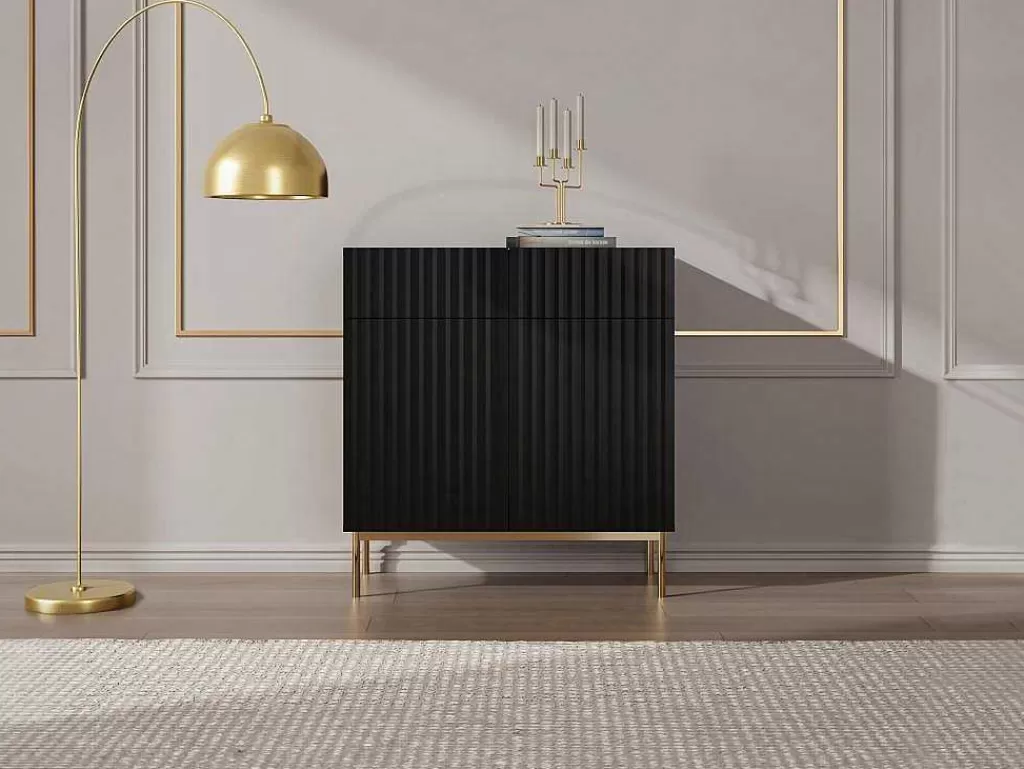 Aparador*Vente-unique Aparador Alto Com 2 Portas E 2 Gavetas Em Mdf E Aco, Preto E Dourado - Evilana