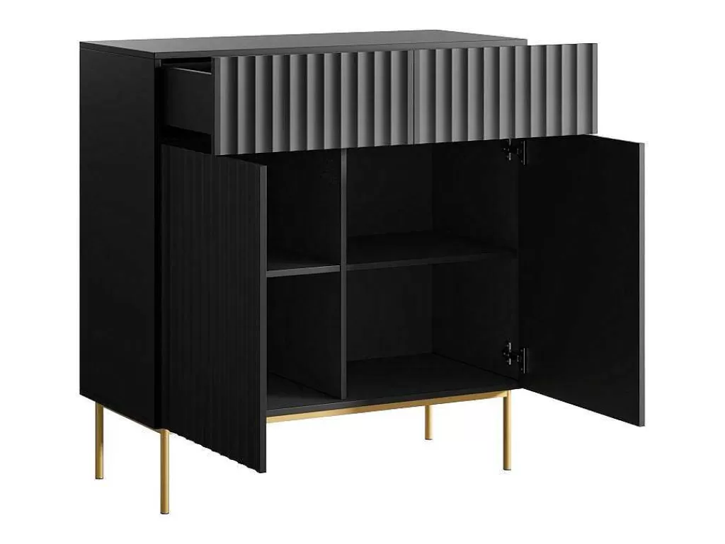 Aparador*Vente-unique Aparador Alto Com 2 Portas E 2 Gavetas Em Mdf E Aco, Preto E Dourado - Evilana