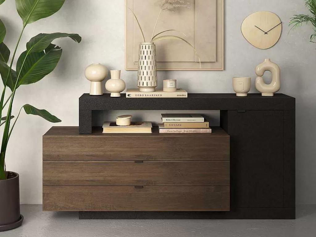 Promoções Sala*Vente-unique Aparador Com 1 Porta, 3 Gavetas E 1 Nicho, Natural E Antracite - Ruselo