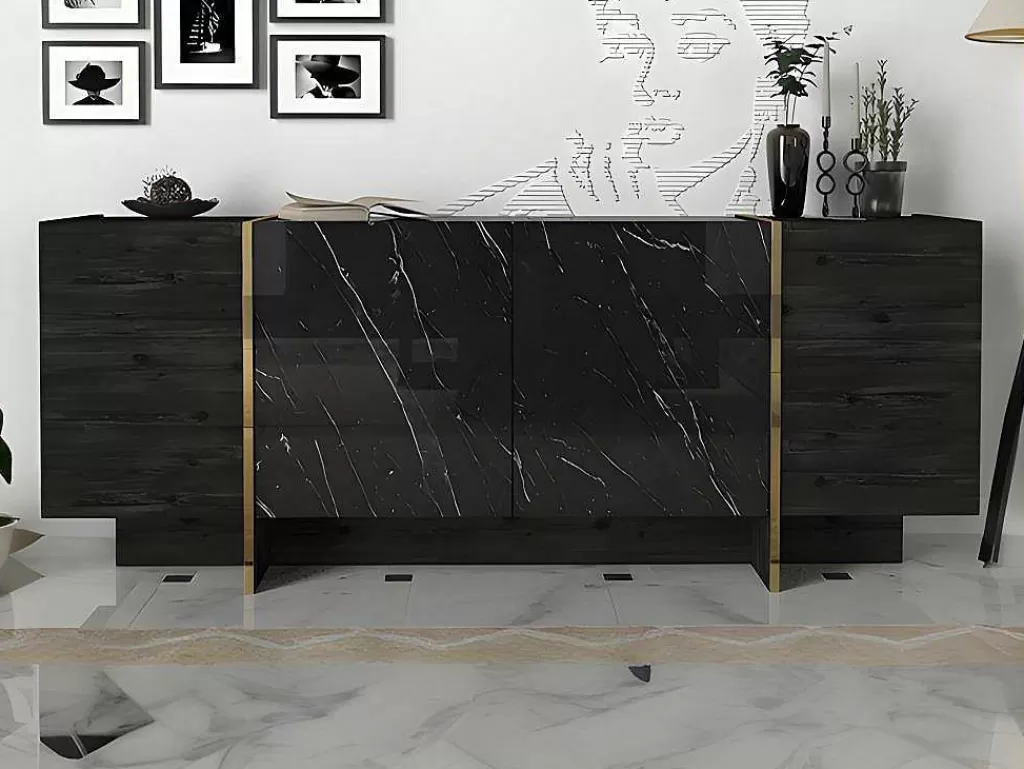 Aparador*Vente-unique Aparador Com 4 Portas, Efeito Marmore Preto, Natural Escuro E Dourado - Cadeba Ii