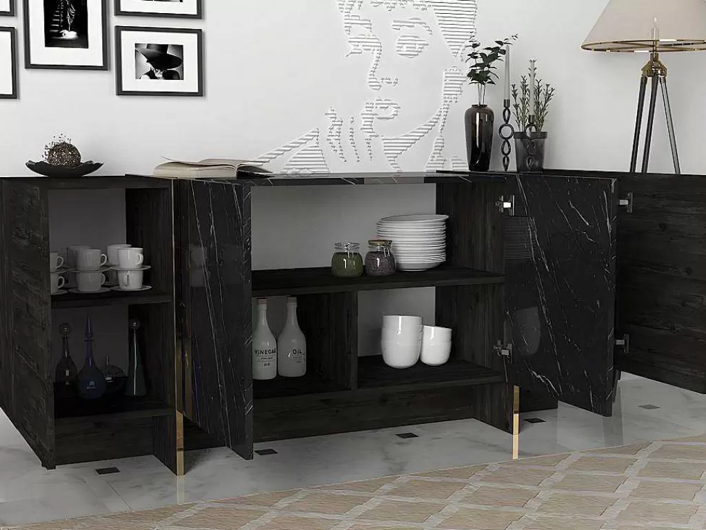 Aparador*Vente-unique Aparador Com 4 Portas, Efeito Marmore Preto, Natural Escuro E Dourado - Cadeba Ii