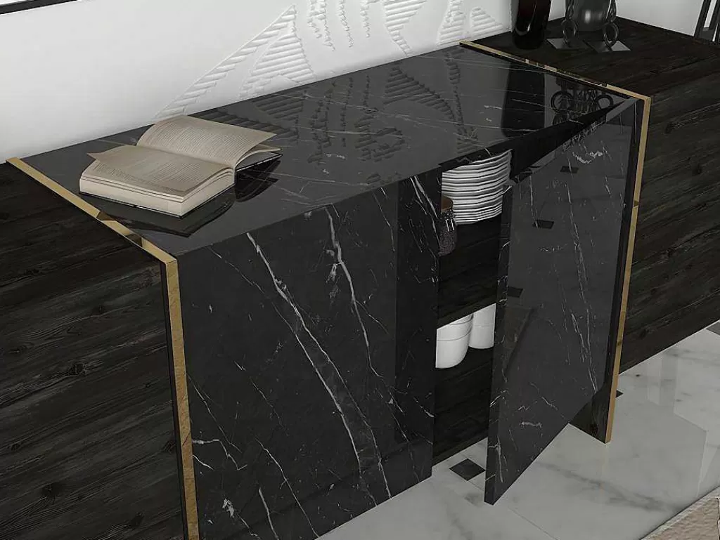 Aparador*Vente-unique Aparador Com 4 Portas, Efeito Marmore Preto, Natural Escuro E Dourado - Cadeba Ii