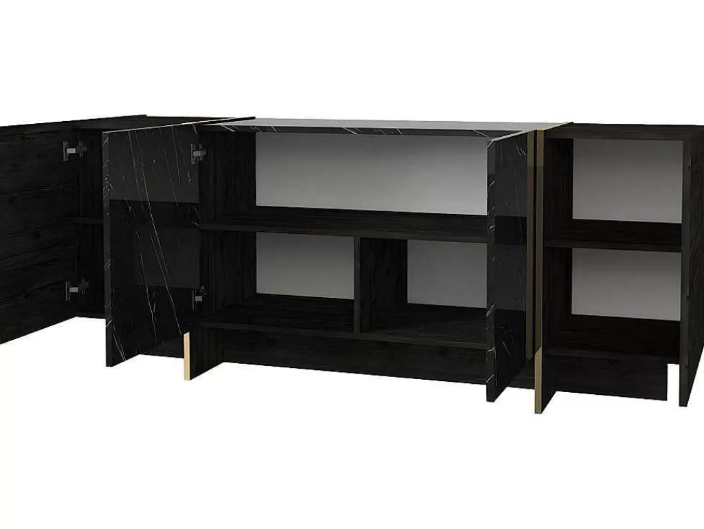 Aparador*Vente-unique Aparador Com 4 Portas, Efeito Marmore Preto, Natural Escuro E Dourado - Cadeba Ii