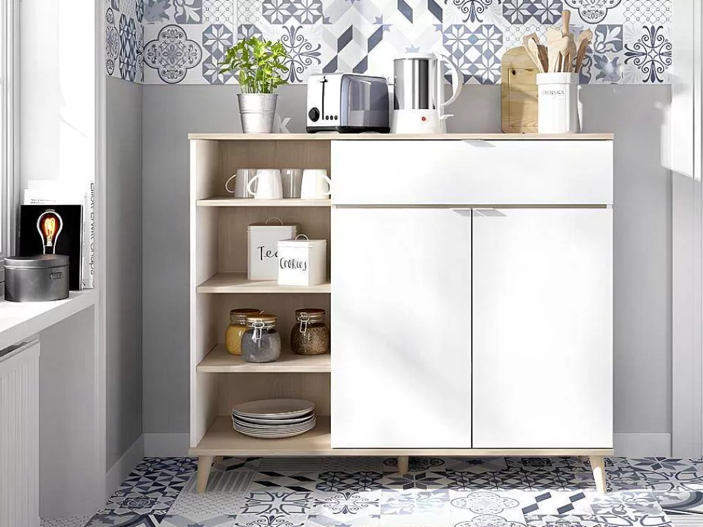 Móvel De Cozinha*Vente-unique Aparador De Cozinha Com 2 Portas, 1 Gaveta E 4 Nichos Cor Branco E Carvalho - Wajdi