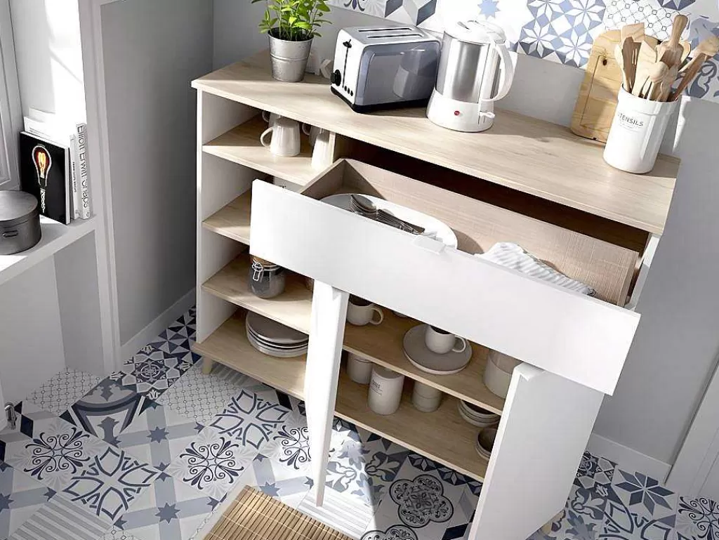 Móvel De Cozinha*Vente-unique Aparador De Cozinha Com 2 Portas, 1 Gaveta E 4 Nichos Cor Branco E Carvalho - Wajdi