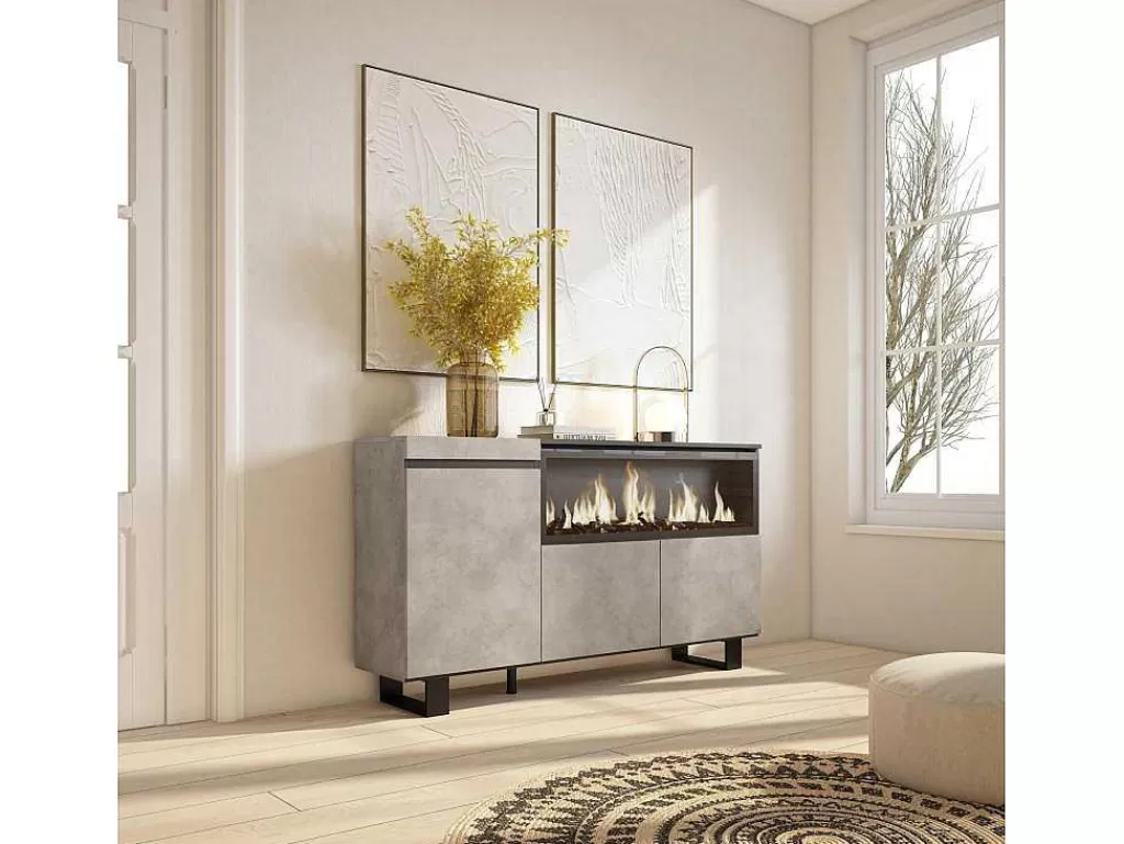 Aparador*Skraut Home Aparador Sala De Jantar, 160, 3 Portas, Lareira Electrica Xxl, Design Industrial, Cimento