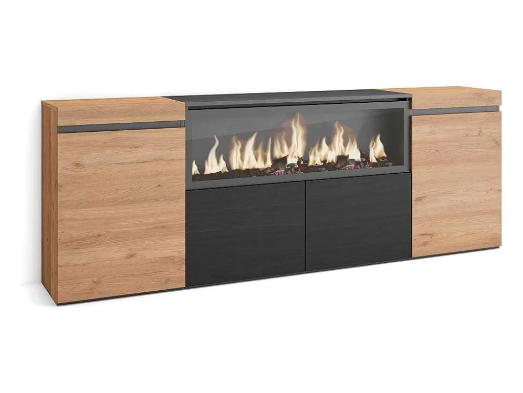 Aparador*Skraut Home Aparador Sala De Jantar, 210, 4 Portas, Lareira Electrica Xxl, Carvahlo E Preto