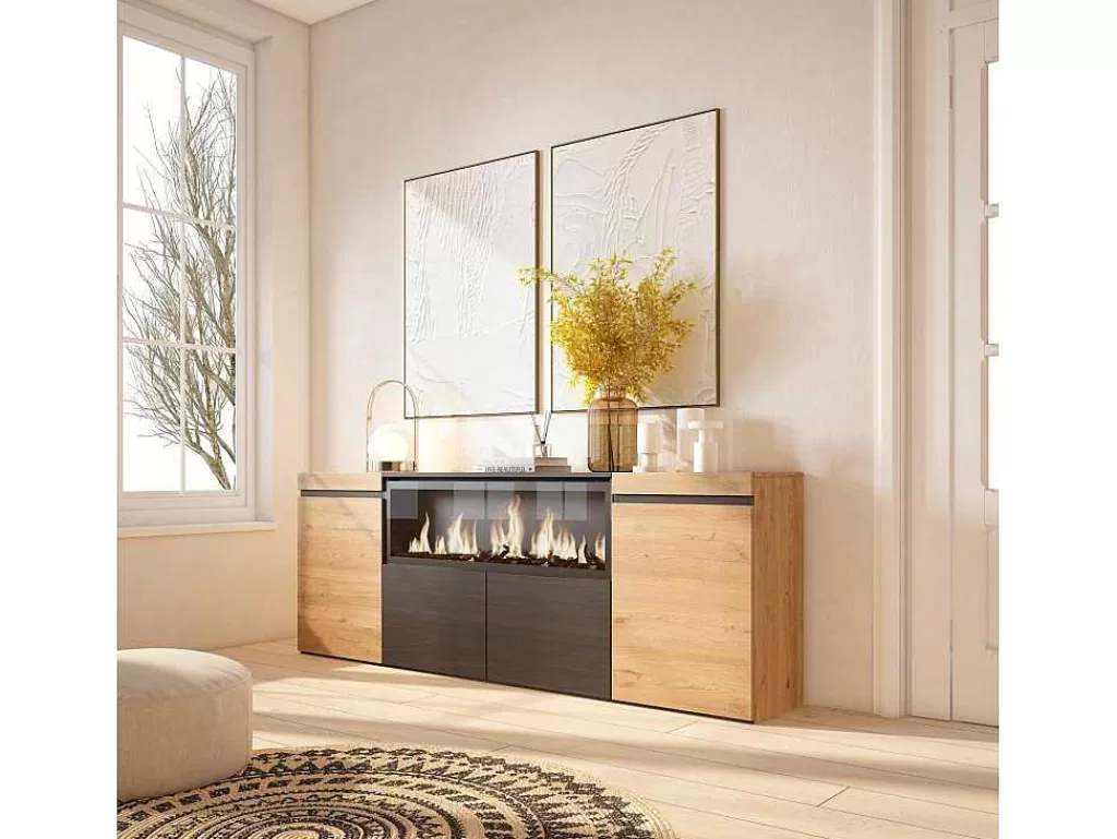 Aparador*Skraut Home Aparador Sala De Jantar, 210, 4 Portas, Lareira Electrica Xxl, Carvahlo E Preto