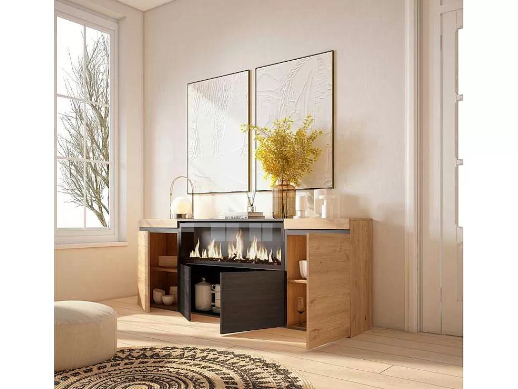 Aparador*Skraut Home Aparador Sala De Jantar, 210, 4 Portas, Lareira Electrica Xxl, Carvahlo E Preto