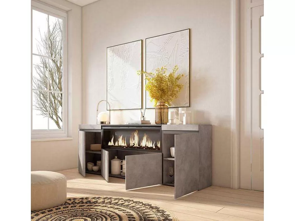 Aparador*Skraut Home Aparador Sala De Jantar, 210, 4 Portas, Lareira Electrica Xxl, Cimento
