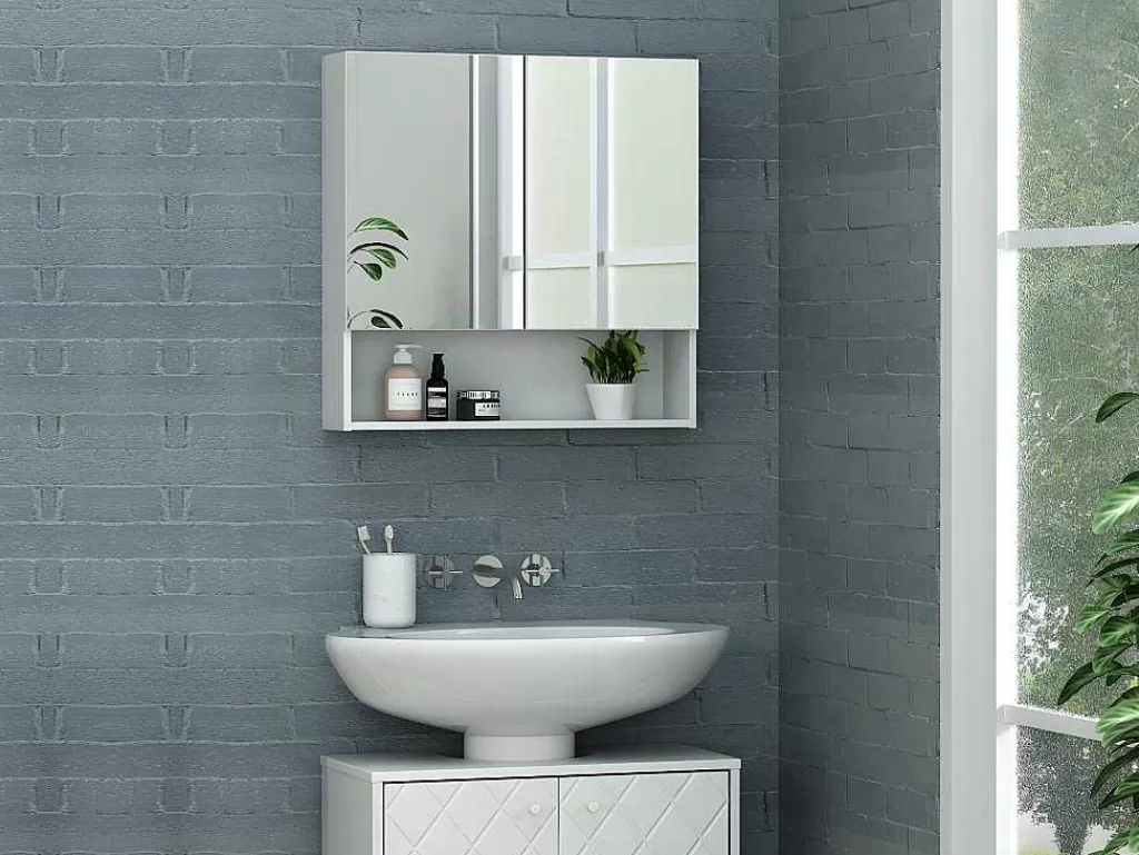 Móvel De Parede Para Casa De Banho*Vente-unique Armário De Parede Para Casa De Banho Com Espelho E Nicho Cor Branco - Zumpa