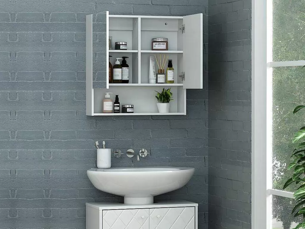 Móvel De Parede Para Casa De Banho*Vente-unique Armário De Parede Para Casa De Banho Com Espelho E Nicho Cor Branco - Zumpa