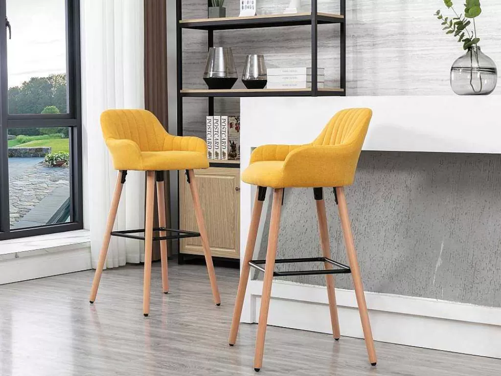 Bancos De Bar*Vente-unique Banco Alto Em Tecido E Pés Em Madeira De Faia Cor Amarelo - Eleana