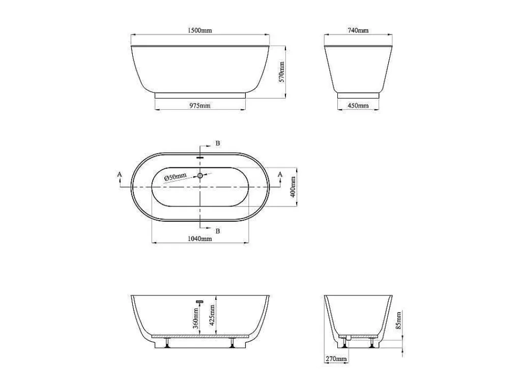 Banheira De Pousar*Shower & Design Banheira Clássica Oval 210 L, 150 X 74 X 57 Cm Braco Acrilico - Mobula