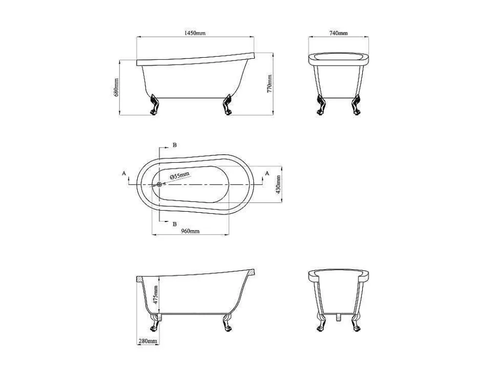 Banheira Com Pés*Shower & Design Banheira Clássica Oval Estilo Retro De 171 L Dimensoes 145 X 74 X 77 Cm Com Pés Pata De Leao Brancos - Nisos