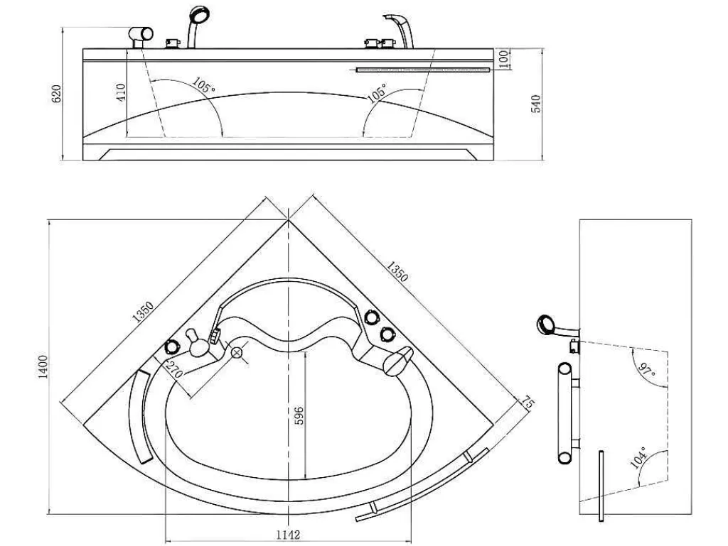 Banheira De Canto*Shower & Design Banheira De Canto Navona - 1 Péssoa - 263 L - C135 X L135 X A54 Cm