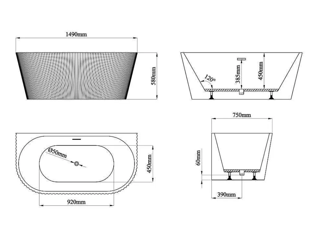 Promoções Casa De Banho & Bem-Estar*Shower & Design Banheira SemiClássica Estriada Em Acrilico Branco Brilhante 149 X 75 X 58 Cm - Zelina