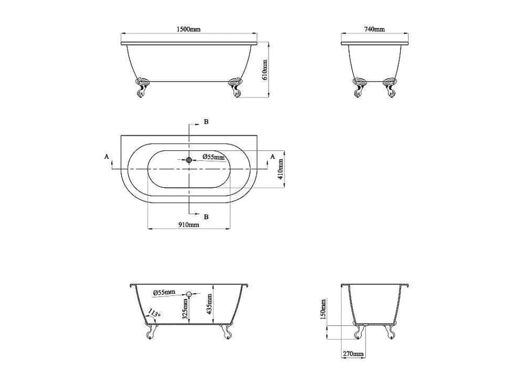Banheira De Pousar E Encostar*Shower & Design Banheira SemiClássica Retro Com Pés Estilo Pata De Agua, Azul Brilhante, 154 L, 150 X 74 X 61 Cm - Bolisa