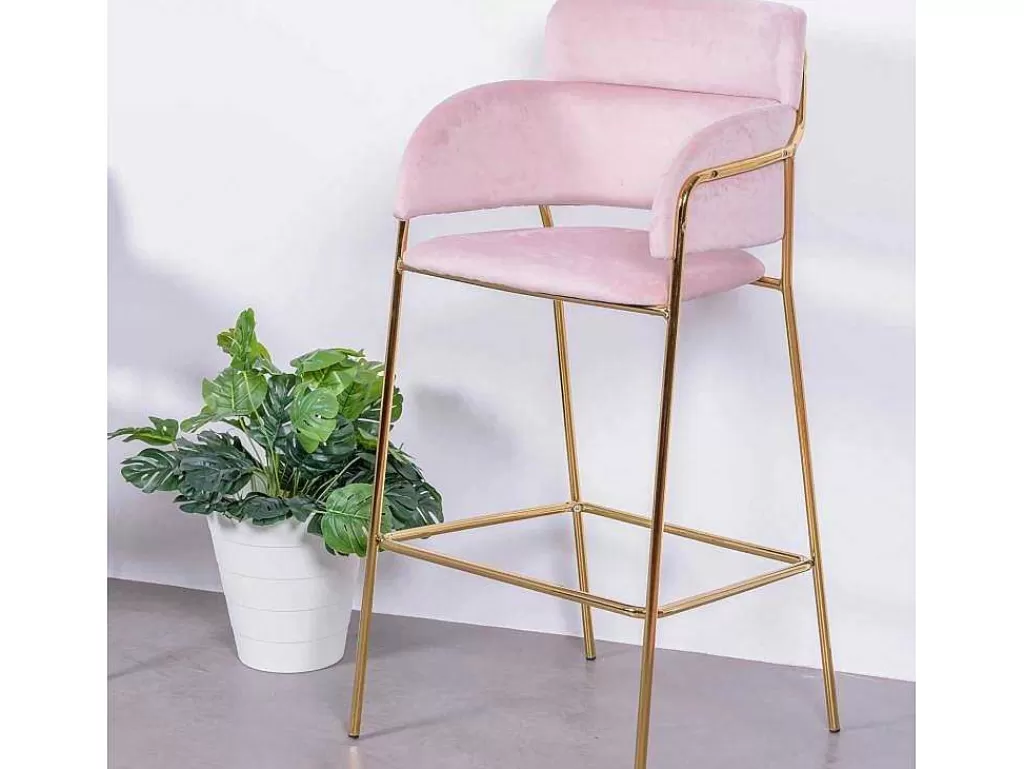 Bancos De Bar*Vente-unique Banqueta De Design Estofada Em Veludo E Pernas Douradas - Cruiser - Rosa