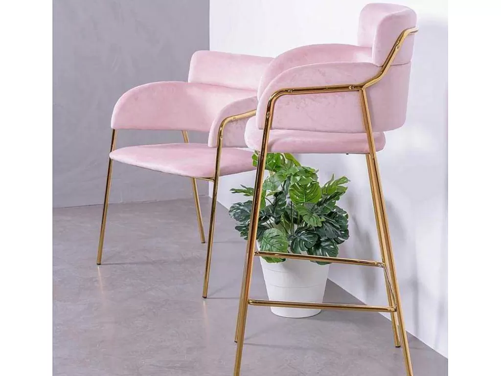 Bancos De Bar*Vente-unique Banqueta De Design Estofada Em Veludo E Pernas Douradas - Cruiser - Rosa