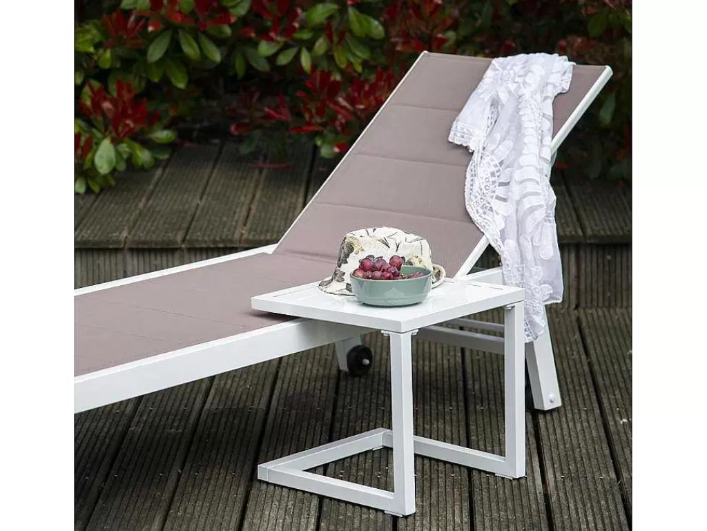 Espreguiçadeira*Happy Garden Barbados Espreguiçadeira E Mesa De Cabeceira Em Taupe Têxtilene - Aluminio Branco