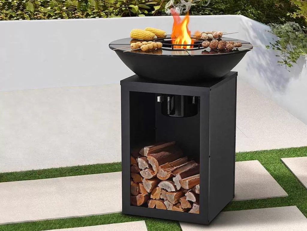 Barbecue, Braseiro De Jardim, Plancha*Vente-unique Barbecue Grelhador Braseiro A Carvao E Madeira Com Arrumação 80 X 80 X 96 Cm Preto - Ignos