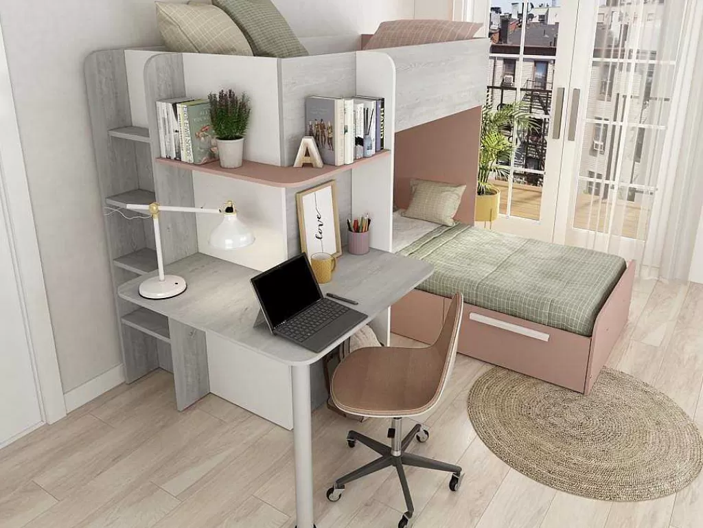 Beliche*Vente-unique Beliche 2 X 90 X 190 Cm, Com Secretária, Cinzento, Branco E Cor-De-Rosa - Samuel