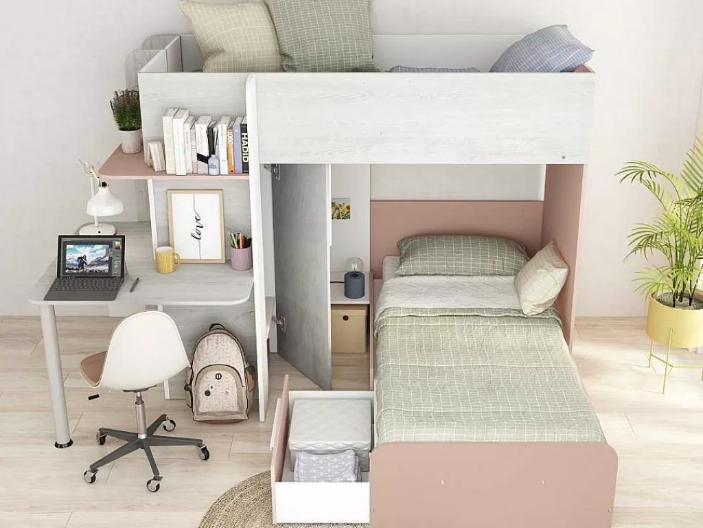 Beliche*Vente-unique Beliche 2 X 90 X 190 Cm, Com Secretária, Cinzento, Branco E Cor-De-Rosa - Samuel