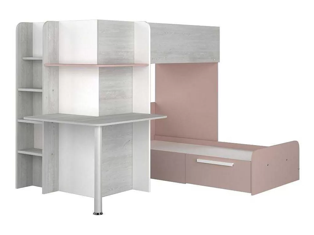 Beliche*Vente-unique Beliche 2 X 90 X 190 Cm, Com Secretária, Cinzento, Branco E Cor-De-Rosa - Samuel