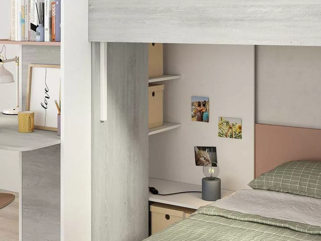 Beliche*Vente-unique Beliche 2 X 90 X 190 Cm, Com Secretária, Cinzento, Branco E Cor-De-Rosa - Samuel