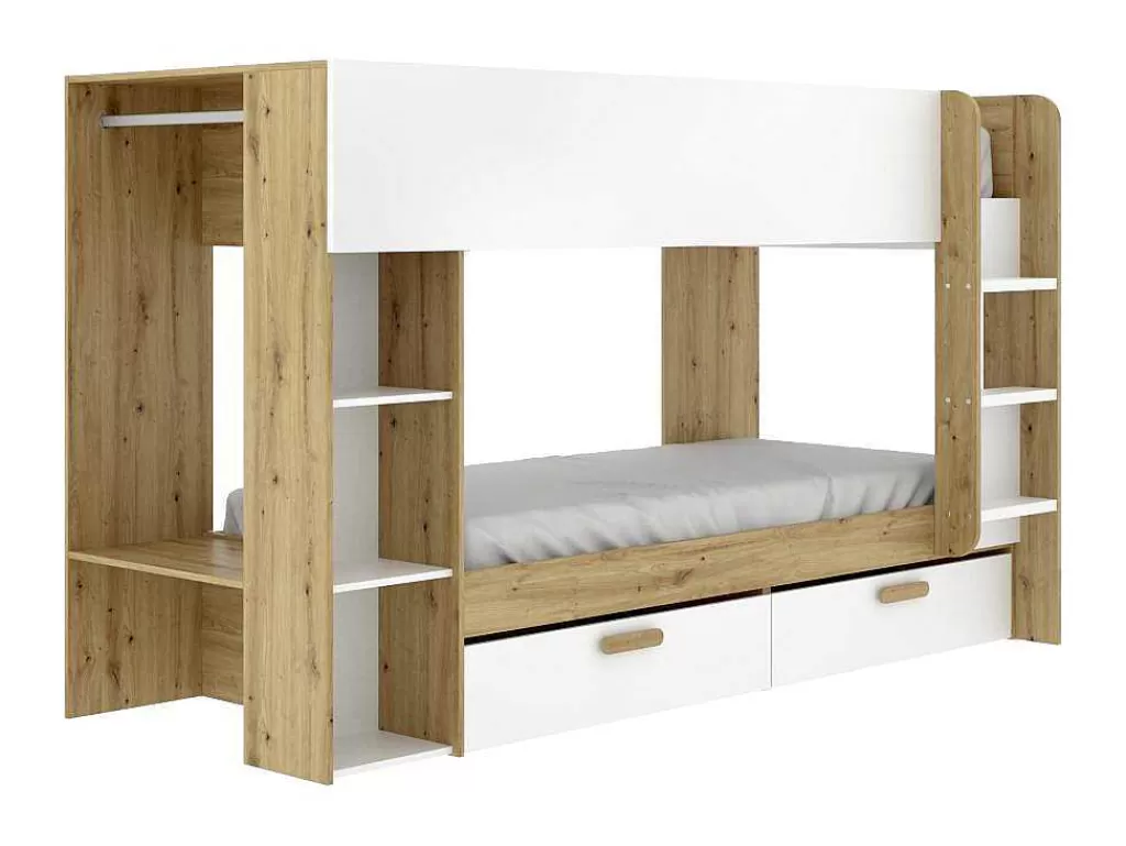 Cama De Criança*Vente-unique Beliche 2X90X200 Cm Com Espacos De Arrumação E Barra De Pendurados Branco E Natural - Ozana