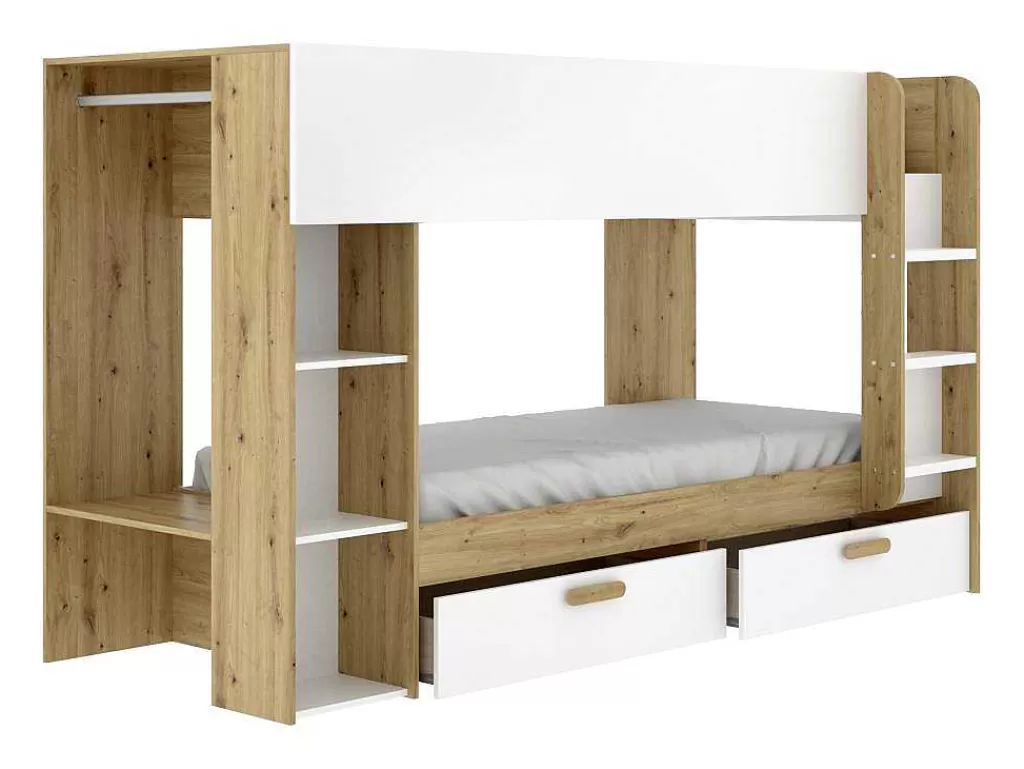 Cama De Criança*Vente-unique Beliche 2X90X200 Cm Com Espacos De Arrumação E Barra De Pendurados Branco E Natural - Ozana