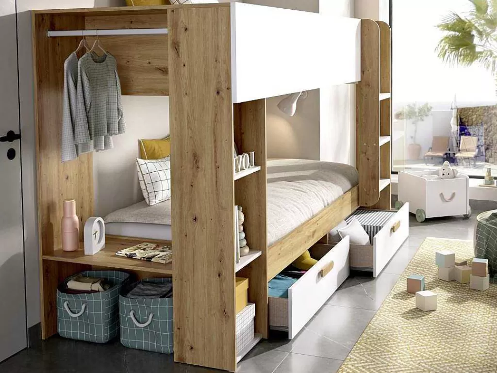 Cama De Criança*Vente-unique Beliche 2X90X200 Cm Com Espacos De Arrumação E Barra De Pendurados Branco E Natural - Ozana