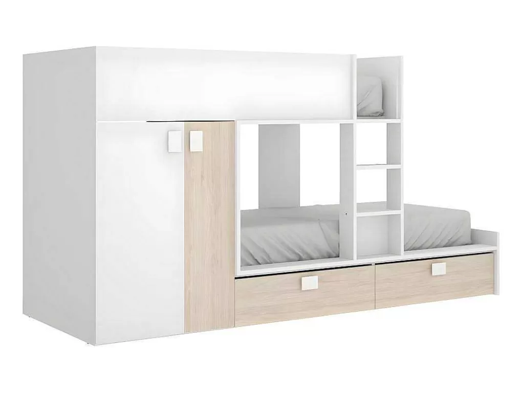Cama De Criança*Vente-unique Beliche Com Armário Integrado De 2 X 90 X 190 Cm Cor Branco E Natural - Juanito