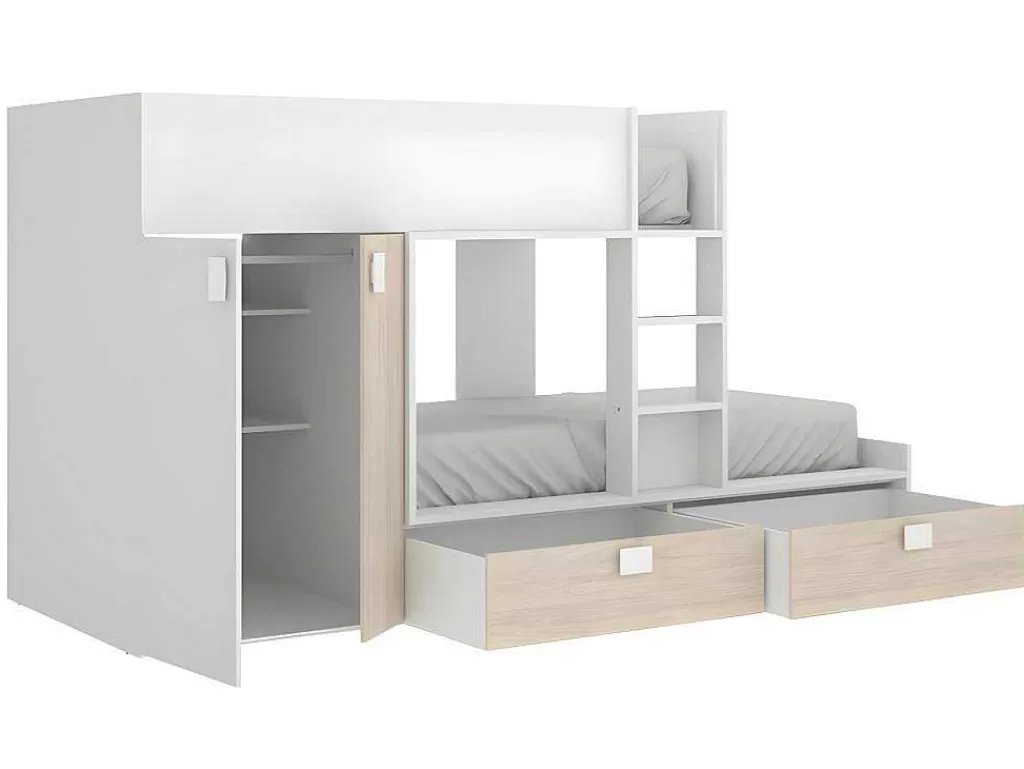 Cama De Criança*Vente-unique Beliche Com Armário Integrado De 2 X 90 X 190 Cm Cor Branco E Natural - Juanito