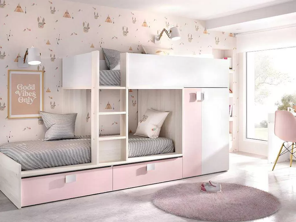 Beliche*Vente-unique Beliche Com Armário Integrado De 2 X 90 X 190 Cm Cor Branco, Natural E Cor-De-Rosa + Colchão - Juanito